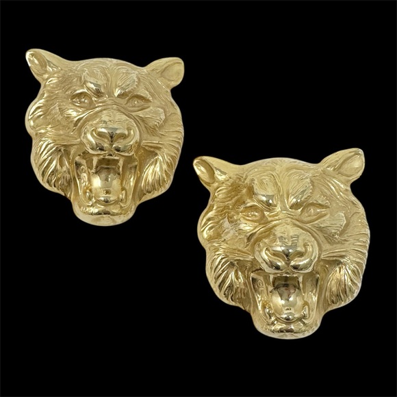 Large Vintage Gold Tone Tiger Lion Face Pierced Post Statement Earrings - Picture 1 of 6